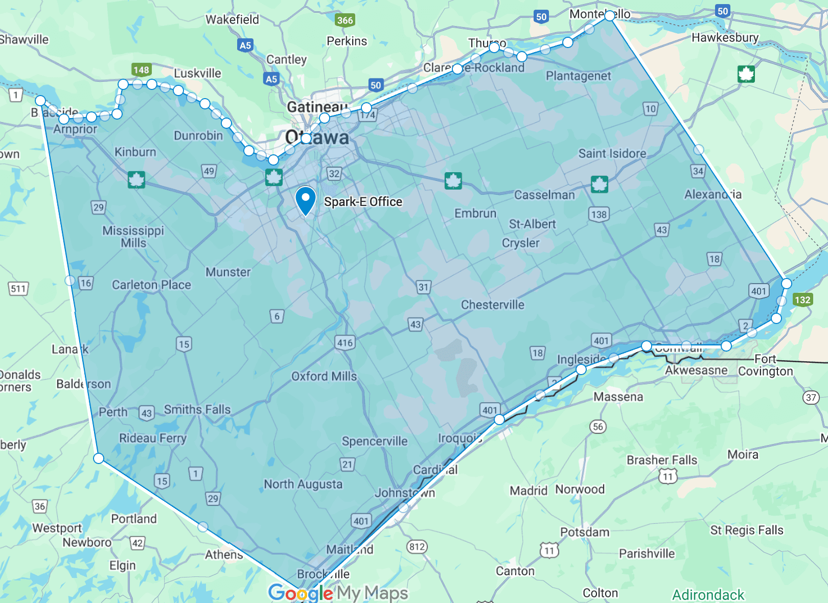 Map of the main service area: Ottawa, Nepean, Barrhaven, Kanata, Stittsville and surrounding communities