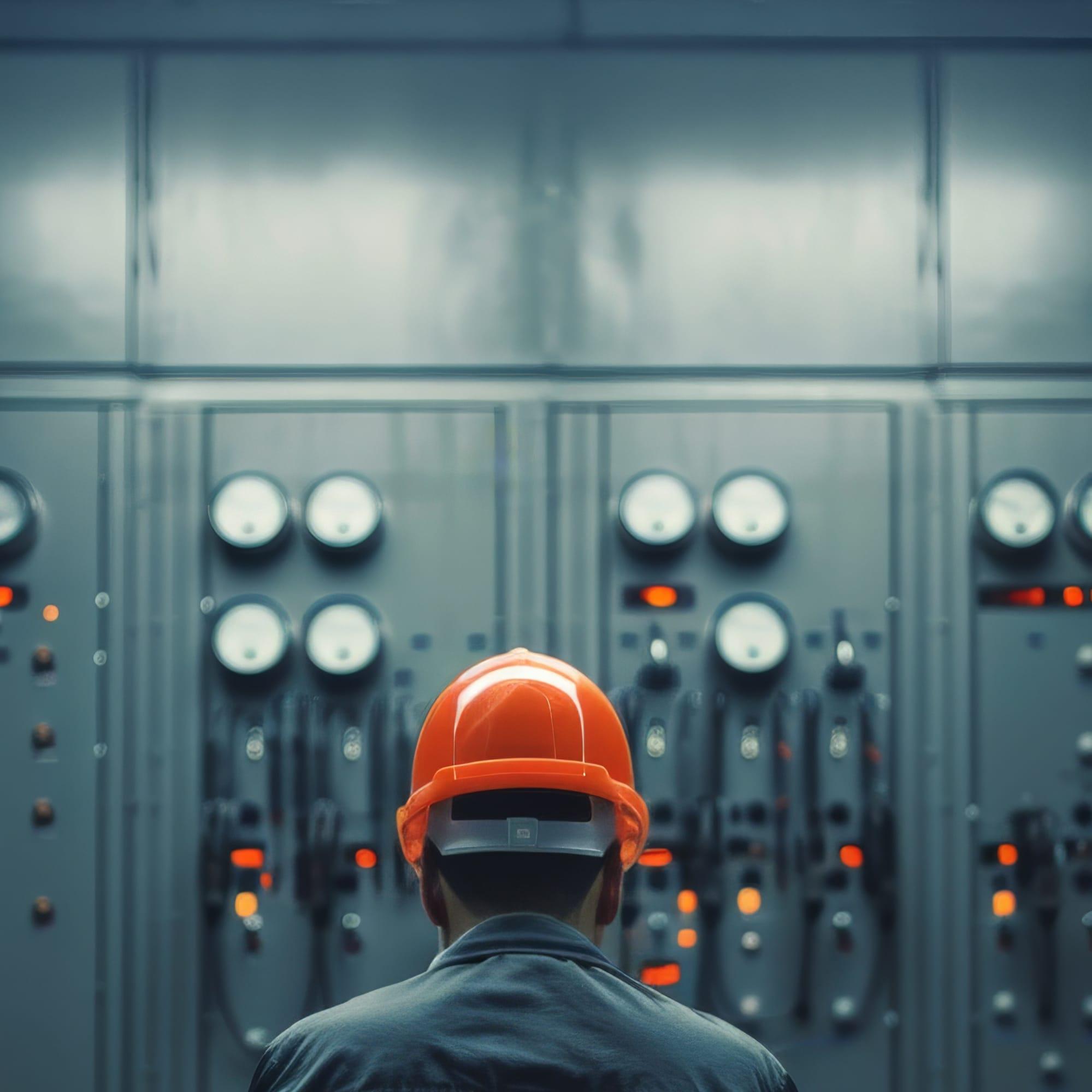 Electrician inspecting an electrical panel for property maintenance in an Ottawa commercial building