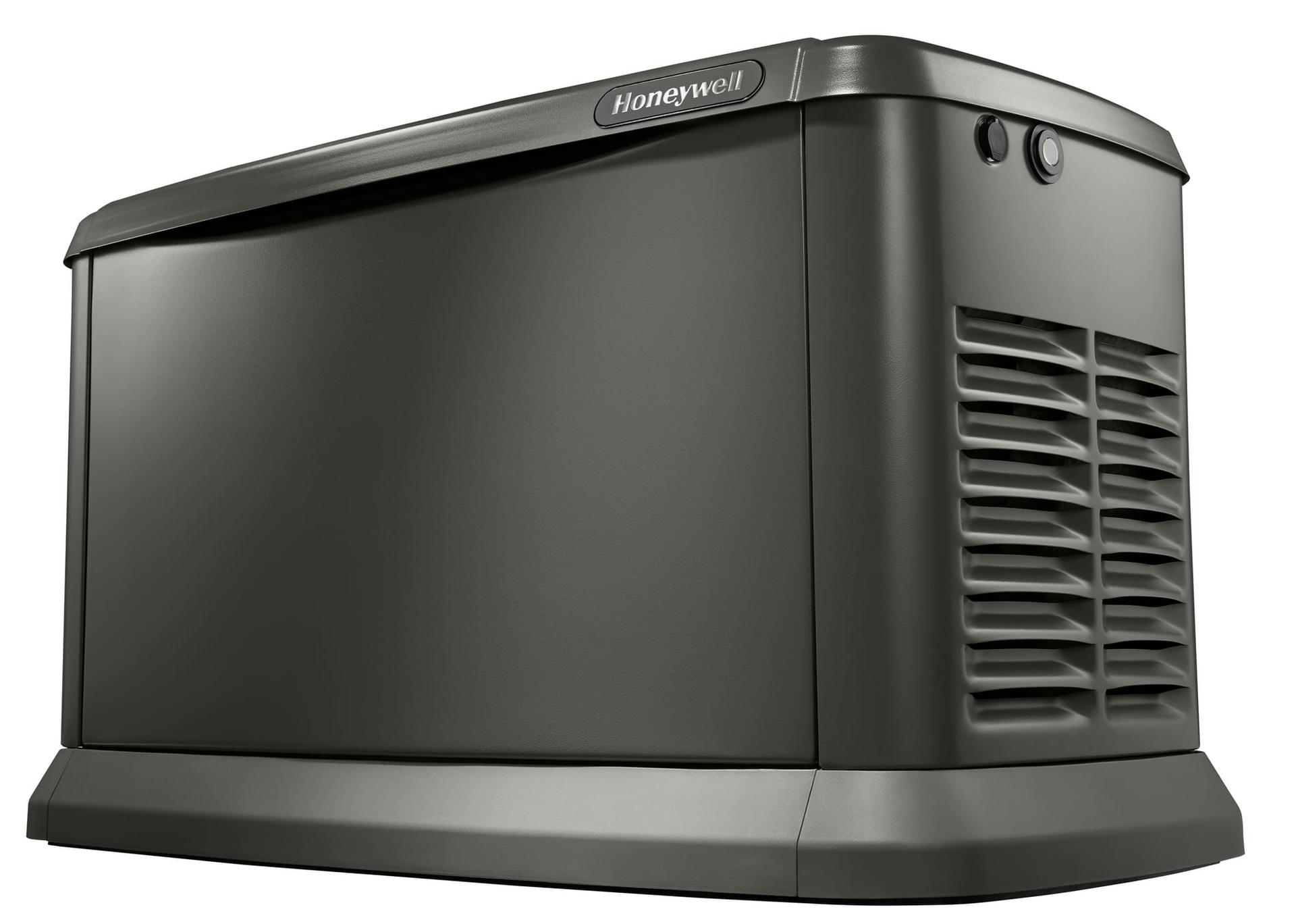 Honeywell standby generator installed beside a home.
