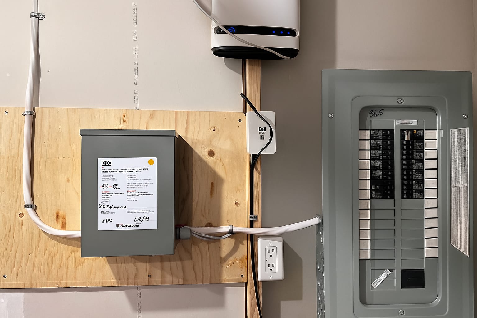 EV charger installation with panel and EV Energy Management System ahead of the electrical panel in an Ottawa home.